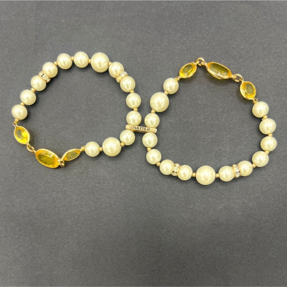 Vintage Napier Double Strand Bracelet Faux Pearl Yellow Crystal Gold Tone 6.5" - Picture 7 of 8